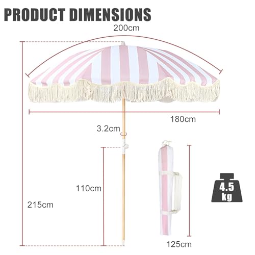 Sombrilla con flecos estilo boho chic e inclinación ajustable de 200cm 8