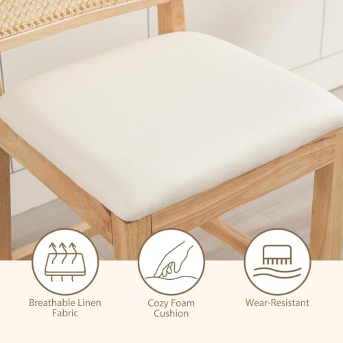 Image of 26'' Rattan Bar Stools Set of 4, Linen Seat,Cream | Cane Back,Rubberwood Frame,Low Maintain Fabric,Tucks Under Counters,for Kitchen Island Home Bar