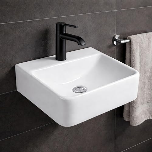 NEG Keramik Waschbecken Uno74H formschön mittelgroß als Aufsatz- oder Hänge-Waschbecken einsetzbar (41x37x12,5 cm) glänzend weiß mit Nano-Versiegelung