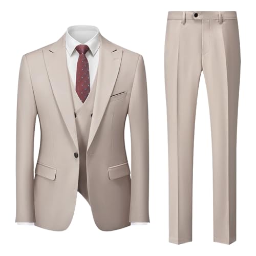 Men Solid Color Wedding 3 Piece Party Business Casual Slim Blazers Vest Pants Set Beige