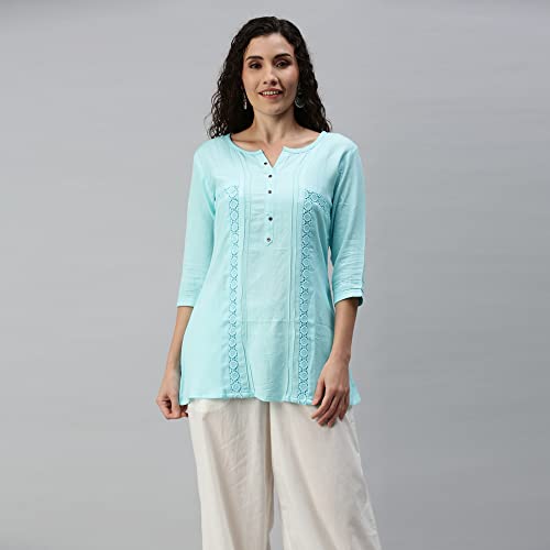 Image of SheWill Cotton Blend Stripe Print Embroidered A-Line Tunic