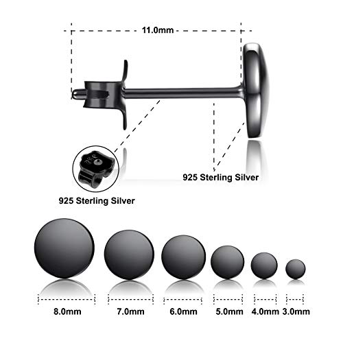 Black Stud Earrings for women 925 Sterling Silver Dot Studs 3mm-8mm Options, Flat Round Disc Earring for men Hypoallergenic Jewelry2