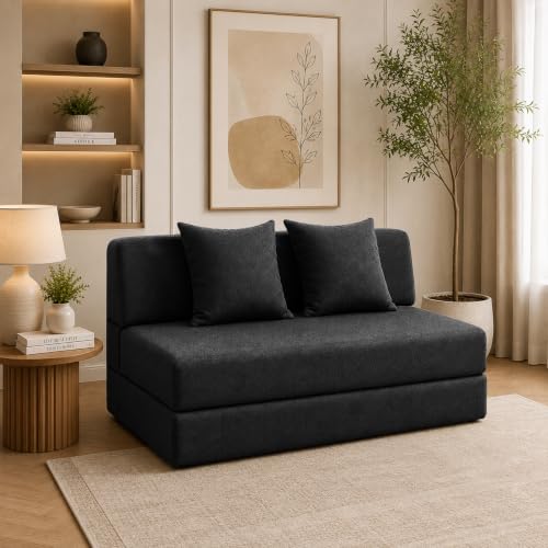 Urban Decor 3x6-Feet Modern 1 Seater Sofa Cum Bed, Foldable Sofa Bed with Cushion, Fabric Upholstered Sleeper Sofa for Living Room, Black