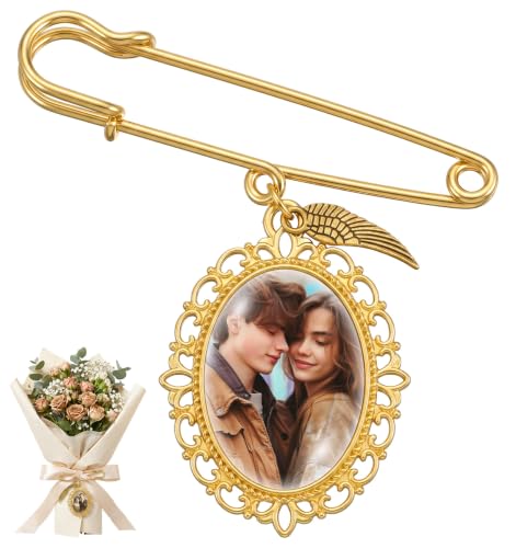 Bouquet Charm, Wedding Bouquet Photo Charms, Custom Picture Frame Memory Pin for Bride Grooms, Memory Pins for Passed Loved Ones, Graduation Bridal Wedding Decoration (Gold)