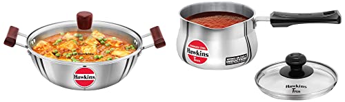 Hawkins Tri-Ply Stainless Steel Induction Compatible Deep Kadhai (Deep-Fry Pan) with Glass Lid, 4 Litre & Stainless Steel Induction Compatible TPan with Glass Lid, 1.5 Litre, 4.7 mm