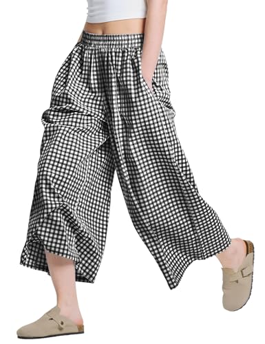LOMON Womens Wide Leg Capri Pants Cotton Gingham Plaid Culottes Summer Elastic Waist Palazzo Trousers Bottoms with Pockets2