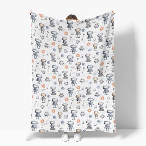 Image of Watercolor Robots Baby Blankets for Boy Girl Cute Robotic Character Soft Flannel Swaddle Receiving Blankets for Infant Toddler Crib Mechanic Robots Nursery Bed Blanket Playmat 50x60inch
