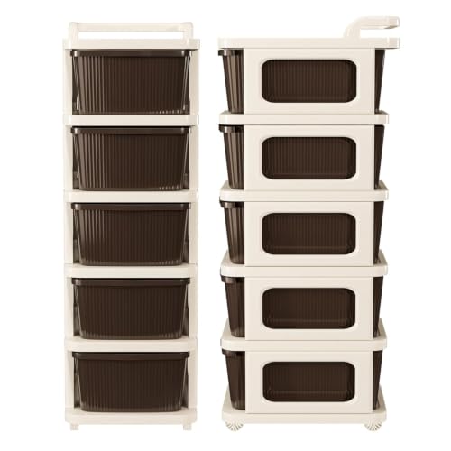 Image of Heavy Duty Plastic Storage Drawer with Wheels | Modular Cabinet for Bedroom, Office, Home or Classroom| Chest of Drawers Organiser for Cosmetics, Kitchen items, Toys (Brown, 5)