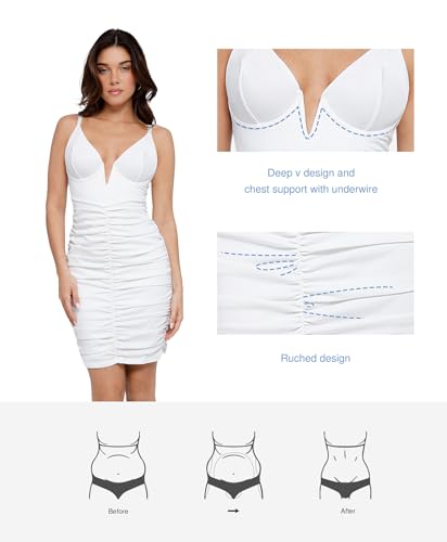 Image of Popilush Corset Midi Dress Deep V-Neck Adjustable Strape Summer Ruched Dresses Tummy Control Built in Shapewear