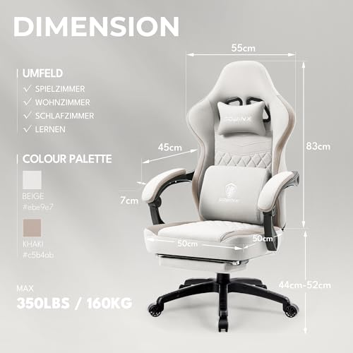 Dowinx Gaming Stuhl Stoff, Massage Gaming Sessel mit Fußstütze, Ergonomischer PC Stuhl Gamer Stuhl Bürostuhl 150 kg belastbarkeit, Beige – Bild 4