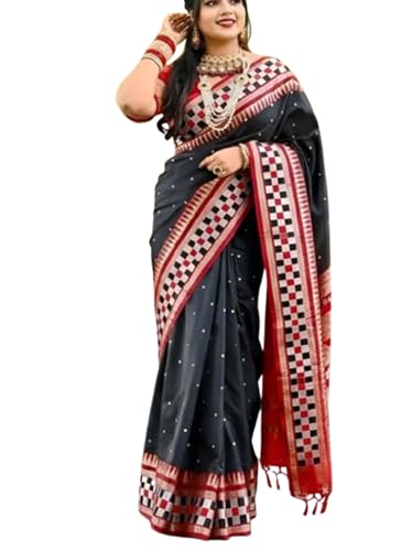 Sambalpuri Handloom Silk Saree Checred Design with Zari Border - Red Black