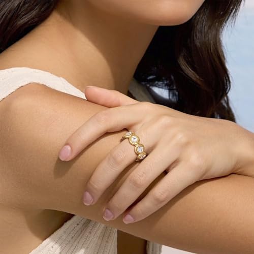 KissYan Band Ring for Women, 14K Gold Plate Dainty Pave Teardrop or Circle CZ Eternity Bridal Wedding Promise Engagement Statement Ring Fashion Gifts4