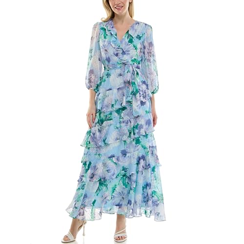 Image of Maison Tara Women's Sheer Long Sleeve V-Neck Floral Tiered Ruffle Wrap Maxi