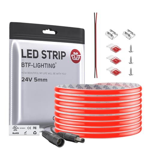 Image of BTF-LIGHTING FCOB COB LED Strip Red Color 5mm Width UL Listed Super Narrow Flexible Uniform Light DC24V 16.4FT CRI 90+ Dimmable LED Ribbon for Bedroom Home Indoor Decor(No Adapter or Controller)