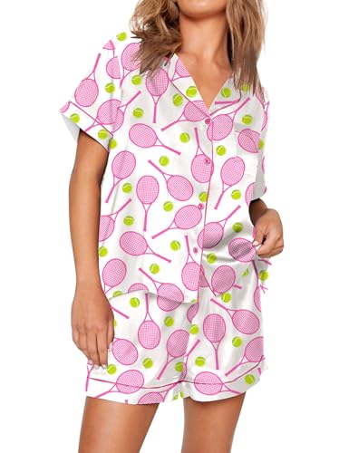 Image of SHESHOW Pajamas for Women Set Satin Button Down Short Sleeve Top and Shorts Pjs Sets Sport Ball Print Sleepwear XS-XXL