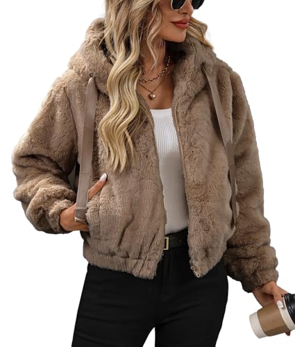 Vipwest Women's Winter Warm Faux Fur Cropped Coat Zipper Solid Drawstring Fleece Jacket with Hood (Camel, Small)