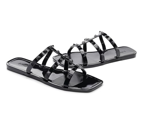 Image of Women Flats Sandals, Studded Jelly Shoes Size 9 Red Dressy Summer Beach Rivets Strappy Jellies Slide Slip On Open Toes