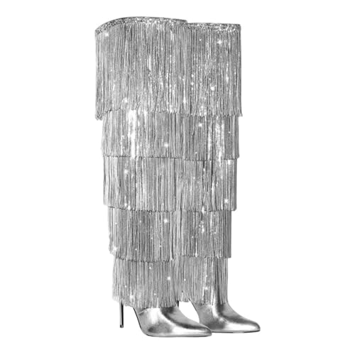 Botas metálicas por encima de la rodilla con flecos dorados para mujer con puntera redonda y tacón de aguja alto para un atuendo sexy de baile y rendimiento, Cd231030a, 47 EU