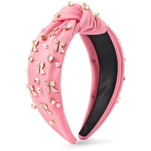 Y1tvei Pink Bow Knotted Headband, Coquette Pink Bow Crystal Rhinestone Pearl Embellished Headband Wide Top Knot Fashion Non Slip Trendy Wide Hair Accessories Gift for Women Mom Grandma Christmas