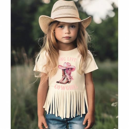Image of Girls Western Shirt Cowgirls Embroidered Country Concert T Shirt Graphic Horseback Rider Tassel Fringe Tee Tops