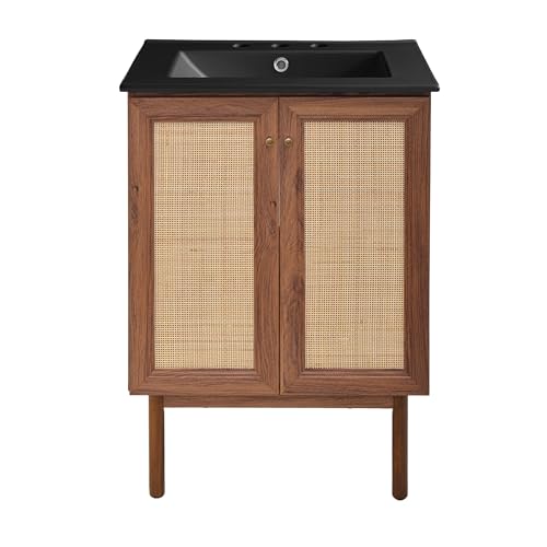 Image of Swiss Madison Classe 24 in. Brown Oak Bathroom Vanity with Black, 3-Hole Ceramic Sink Top
