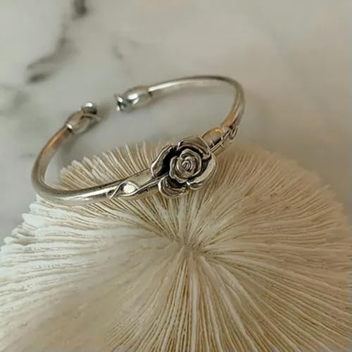 Bracelet fleurs argent 925 vintage manchette rose haut de gamme pour femme