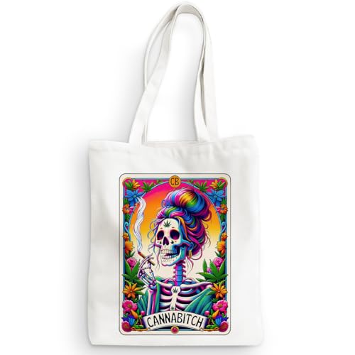 Funny Skeleton Tarot Card Canvas Tote Bag Sarcastic Skull Gothic Shopping Bags Witch Stuff Weed Witchy Gifts for Women Friend Sister Mom Reusable Grocery Bags for Halloween Boss Day Christmas