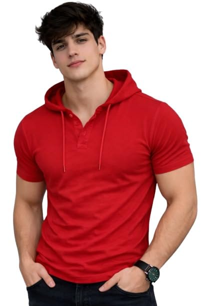 lll fashion Men's Slim-Fit Stretch Hooded Henley Shirt with Drawstring - Solid Color, Breathable Knit Fabric for Summer-picture-29