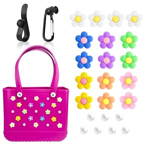 Oudizz 23Pcs Flower Pearl Charms for Bogg Bag, Charms for Bogg Bag All Models, with Carabiner & Hook, Bogg Bag Accessories Cover