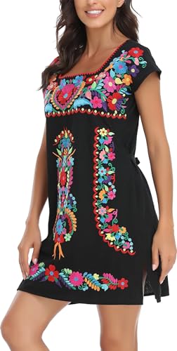 Image of YZXDORWJ Women Mexican Embroidered Dress Ruffle Collar Sleeveless