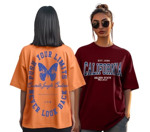 Image of JUNEBERRY 100% Pure Cotton, Pack of 2,Round Neck, Oversized Loose,Drop Shoulder,Graphic Printed, Half Sleeve T-Shirts for Women & Girls, in Different Colors, with Sizes Range from S to 2XL.