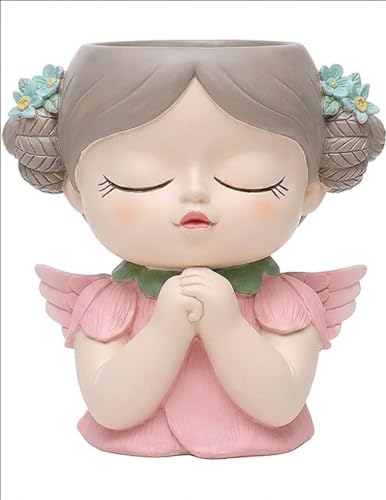 Image of Angel Planter Pink Cute Succulent Pot, Decorative Girl Face Resin Planter with Flower Holder, Vintage Indoor Outdoor Plant Pot for Home Garden Office Desk Decoration Gift