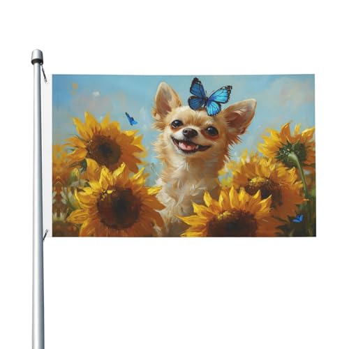 Coloré Drapeau double face Chihuahua chien et tournesol Bienvenue été vivace Drapeau résistant aux intempéries 3x5 Ft pour jardin,Décoration intérieure,événements