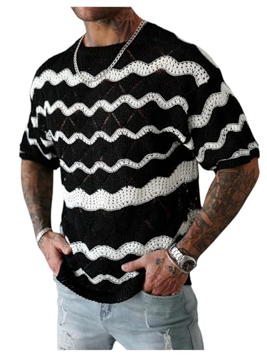 Verdusa Men's Striped Hollow Out Pullover Sweaters Sheer Half Sleeve Round Neck Knit Tops