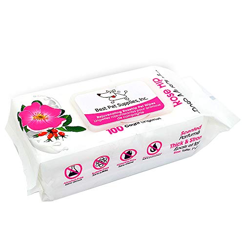 Image of Best Pet Supplies Dog Wipes, Hypoallergenic, Deodorizing, Cleaning for Dogs' Paws, Butt, Face, Grooming, Non-Sticky Formula for Puppy, Cats and Sensitive Skin - 100 Pack, Rejuvenating Rose Hip