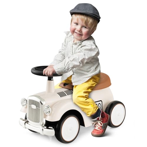 COSTWAY Porteur Enfants Rétro avec Volant Réaliste 40°et Son, Voiture à Pousser Intérieur Exterieur avec 4 Roues en EVA, Coffre à Jouets, Charge 25kg pour Enfants de 18-36 Mois (Blanc)