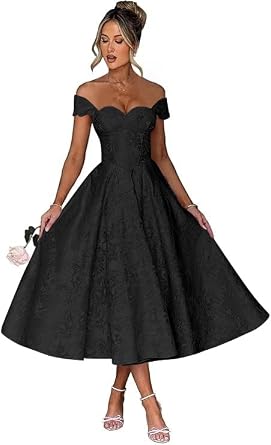 Off Shoulder Tea Length Prom Dress for Women Satin Floral Jacquard A Line Corset Cocktail Dress