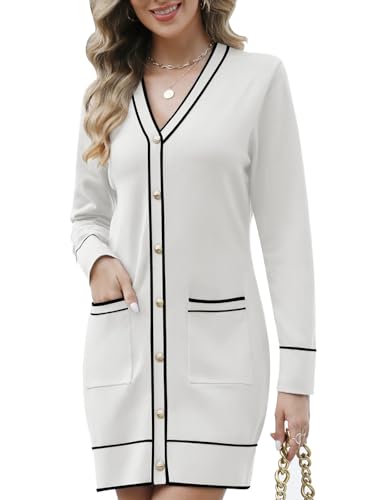 Women's V Neck Long Sleeve Sweater Dress Elegant Mini Dress Button Open Front Color Block Knit Sweaters Cardigan with Pockets White