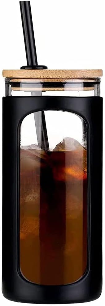 20oz Glass Water Tumble with Straw and Lid,Bamboo Lids Water Bottle, Iced Coffee Cup Reusable, Wide Mouth Smoothie Cups, Straw Silicone Protective Sleeve