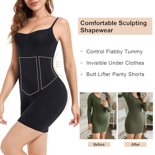 Image of SHAPERX Women's Shapewear Bodysuit Smoothing Tummy Control Body Shaper with Adjustable Straps Comfortable Mid-Thigh Shorts