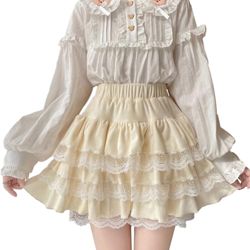 Lolita Fuzzy Skirt with Shorts Teen Girls Mini Kawaii Lace Tiered Ruffle High Waisted Skort Women Fluffy Pleated Skirts (US, Alpha, One Size, Regular, Regular, Beige)