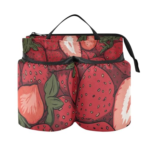 Image of Luggage Cup Holder for Suitcases Free Hands Suitcase Cup Holder Travel Luggage Drink Holder Portable Luggage Cup Caddy Bag Carrier with Handle Cartoon Red Strawberry