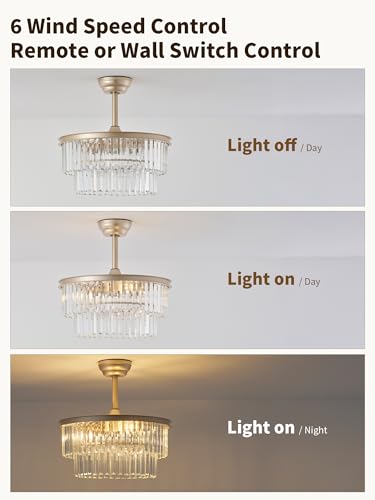 Image of 20 inch Gold Crystal Fandelier Ceiling Fans with Lights, Caged Gold Crystal Chandelier Ceiling Fan with Light Remote Control with 6 Speeds for Bedroom, Nursery, Living Room