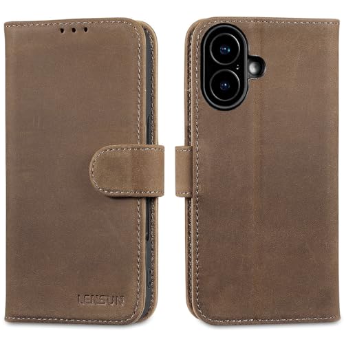 Coque iPhone 17 en cuir véritable LENSUN : l'étui portefeuille premium marron foncé rétro