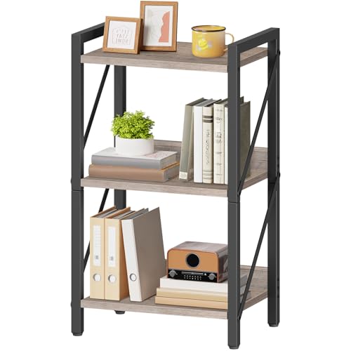 Image of HOOBRO Bookshelf, 3-Tier Industrial Bookcase, Book Shelf Storage Organizer, Small Bookshelf with Metal Frame for Living Room, Bedroom, Home Office, Kitchen, Greige and Black BG71SJ01