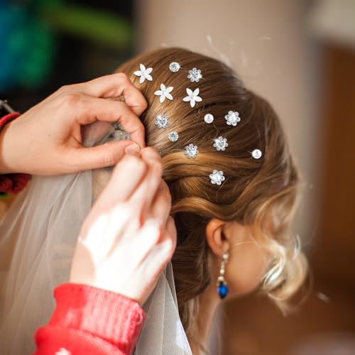 Braut Haarschmuck Hochzeit 40 Stück Perlen Blumen Haarnadeln Hochzeit Haarspangen Haarschmuck Mädchen 5 Stile U Form Strass Brautschmuck Kristall Haarnadel für Damen Abschlussball Party