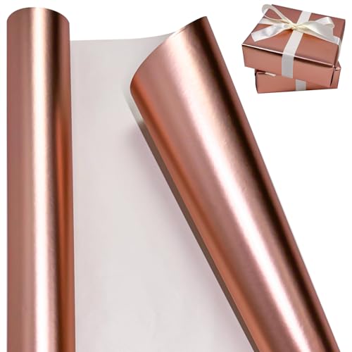 LYINUR Rose Gold Wrapping Paper Roll 43 cm x 10 m, Birthday Gift Wrapping Paper Rolls, Luxury Matte Metallic Gift Wrap for Christmas Valentines Wedding Festival Xmas Flower Craft