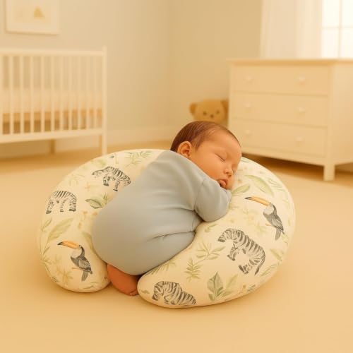 Image of ๐๐ข๐ฆ๐ ๐๐ฅ Nursing Pillow for Breastfeeding Newborn Baby | C-Shape Feeding Pillow with Removable Cotton Cover | Tummy Time, Propping & Sitting Support | Baby Feeding Pillow for Mother (Zebra-Forest)