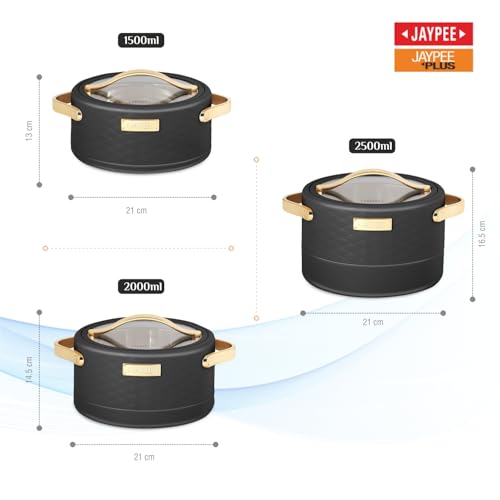Image of JAYPEE Luxura Klass Set Inner Steel Serving Casserole Set Of 3 Toughened Glass Lid Advanced Pu Insulated 100% Food Grade Lockable Hot Box Easy To Keep Roti,Pulao|1500,2000,2500 Ml,Black,Unglazed