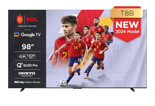 TCL 98T8B Gaming TV Onkyo QLED Pro 98' 144Hz, 4K Ultra HD, HDR Pro, Smart TV Powered by Google TV (Dolby Vision IQ and Atmos, Motion Clarity, Hands-Free Voice Control)